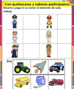 Hoja de ejercicios con filas de trabajadores ilustrados: policía, enfermero, agricultor y bombero. Debajo hay imágenes de un autobús escolar, un tractor, un estetoscopio, un camión de bomberos y un coche de policía para que los alumnos las relacionen con cada profesión.