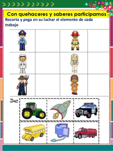 Hoja de ejercicios con filas de trabajadores ilustrados: policía, enfermero, agricultor y bombero. Debajo hay imágenes de un autobús escolar, un tractor, un estetoscopio, un camión de bomberos y un coche de policía para que los alumnos las relacionen con cada profesión.