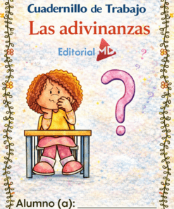 Portada del colorido Cuadernillo de Trabajo Adivinanzas. Representa a un niño de pelo rizado en un pupitre, pensando junto a un gran signo de interrogación rosa, con un borde decorativo de flores enmarcando la página.
