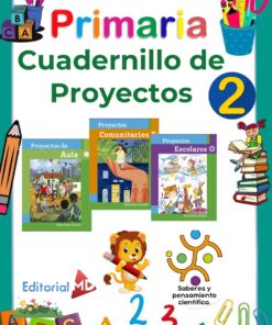 Colorida portada para un cuaderno de proyectos de primaria, con libros titulados "Proyectos de Aula", "Proyectos Comunitarios" y "Proyectos Escolares", con alegres decoraciones de temática escolar y animales de dibujos animados.