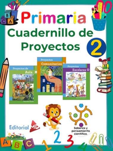 Colorida portada para un cuaderno de proyectos de primaria, con libros titulados "Proyectos de Aula", "Proyectos Comunitarios" y "Proyectos Escolares", con alegres decoraciones de temática escolar y animales de dibujos animados.