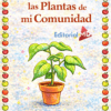 Portada de un cuaderno de trabajo en español titulado "Cuadernillo de trabajo: las Plantas de mi Comunidad". Presenta una maceta en el centro, un borde con el tema de la manzana y un espacio para el nombre del alumno en la parte inferior.