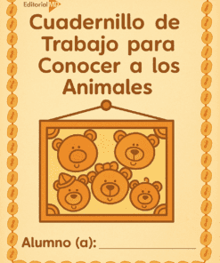 Cuadernillo de Trabajo para Conocer a los Animales, con portada ilustrada de osos sonrientes enmarcados y espacio para escribir el nombre del alumno en la parte inferior.