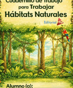 El "Cuadernillo de Trabajo para Trabajar Hábitats Naturales" presenta una frondosa cubierta forestal con un loro en una rama y espacio para el nombre del alumno, ideal para aprender sobre hábitats naturales.