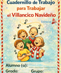 Portada ilustrada del Cuadernillo de Trabajo para Trabajar el Villancico Navideño: cuatro niños vestidos de invierno cantan un villancico navideño con notas musicales. Espacios para el nombre del alumno, curso y grupo. Fondo festivo brillante con borde de bastón de caramelo.