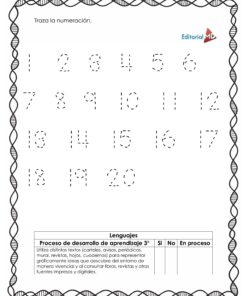 Cuadernillo de Trabajo Jugamos Loterías para Preescolar 7 Cuadernillo de Trabajo Jugamos Loterías para Preescolar: hoja con números del 1 al 20 punteados para trazar, borde decorativo y espacio para que maestras marquen avances en lectura y escritura. Ideal para preescolar.