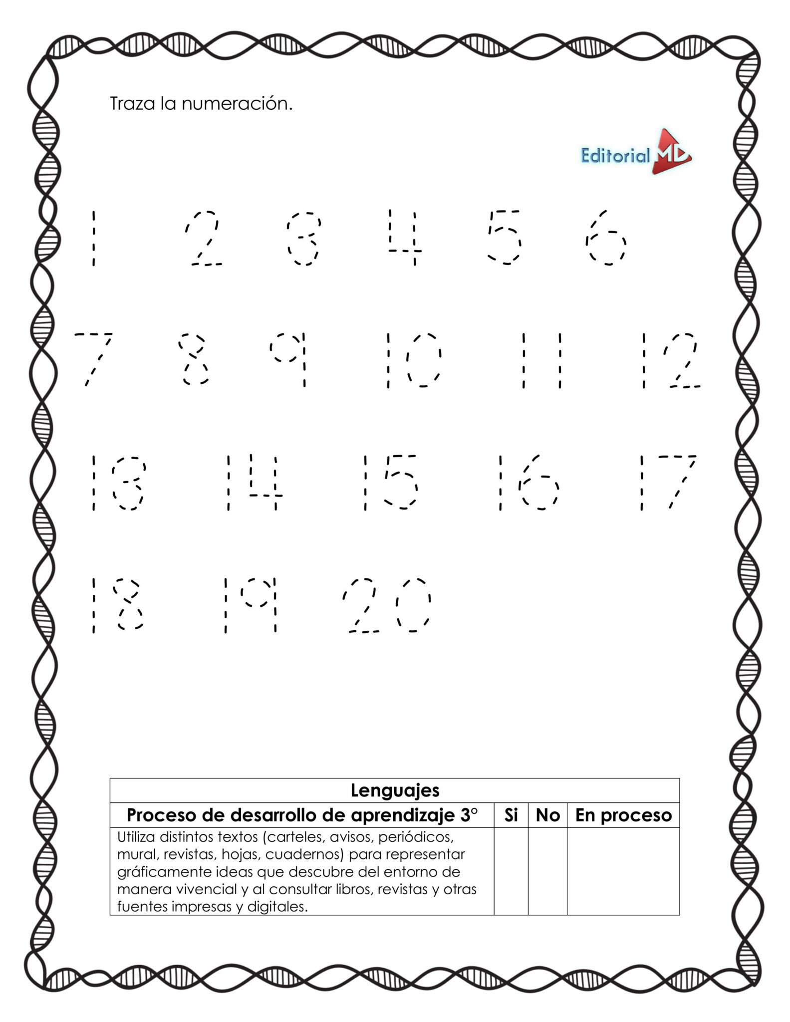Cuadernillo de Trabajo Jugamos Loterías para Preescolar 4 Cuadernillo de Trabajo Jugamos Loterías para Preescolar: hoja con números del 1 al 20 punteados para trazar, borde decorativo y espacio para que maestras marquen avances en lectura y escritura. Ideal para preescolar.