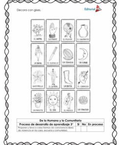 Cuadernillo de Trabajo Jugamos Loterías para Preescolar 5 Cuadernillo de Trabajo Jugamos Loterías para Preescolar: Ficha en blanco y negro con dibujos cuadriculados de objetos y partes del cuerpo (nariz, mano, caballo), borde decorativo y tres casillas de evaluación. Inspirado en jugamos lotería.