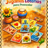 El "Cuadernillo de Trabajo Jugamos Loterías para Preescolar" presenta una colorida portada ilustrada con tarjetas, flores de caléndula, cerámica y una cesta tejida sobre una mesa de madera, además de espacio para el nombre del alumno.