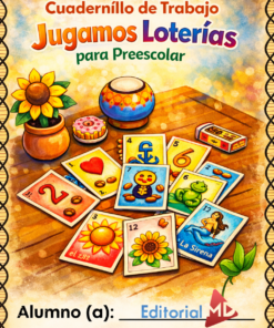 El "Cuadernillo de Trabajo Jugamos Loterías para Preescolar" presenta una colorida portada ilustrada con tarjetas, flores de caléndula, cerámica y una cesta tejida sobre una mesa de madera, además de espacio para el nombre del alumno.