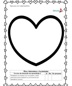 Una hoja de trabajo del Cuadernillo de Trabajo Corazón de la Amistad con un contorno de corazón grande, un borde de corazón pequeño, instrucciones para 