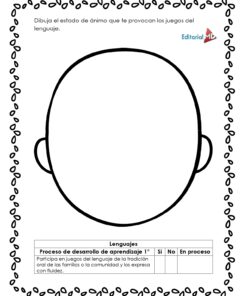 Hoja de trabajo del Cuadernillo de Trabajo Juguemos con las Palabras que presenta un contorno de cabeza para dibujar emociones, un borde de garabato y una tabla con casillas de verificación Sí, No y En proceso para seguir el progreso del aprendizaje.