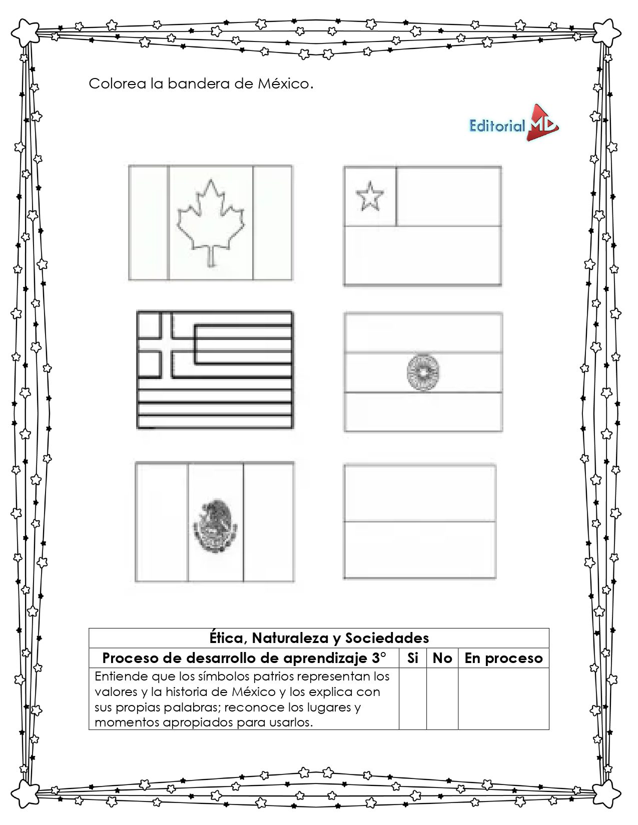 Hoja de Trabajo de la Bandera de México 2 La Hoja de Trabajo de la Bandera de México incluye seis banderas sin color (México, Canadá, Corea del Sur), una tabla para registrar el proceso de aprendizaje y un borde decorativo. Ideal para actividades educativas y colorear.