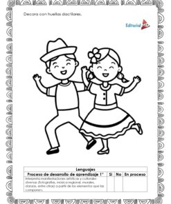 Ilustración en blanco y negro de un niño y una niña sonrientes bailando con ropa tradicional, inspirada en Danzas de Mi Comunidad. Incluye un borde decorativo y tabla de progreso en el Cuadernillo de Trabajo Danzas de Mi Comunidad para Preescolar.