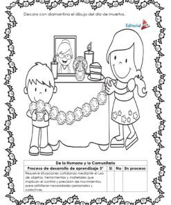 Cuadernillo Artesanías del Día de Muertos 7 Página para colorear en blanco y negro del Cuadernillo Artesanía del Día de Muertos: dos niños decoran un altar con flores, velas, comida, artesanía y una calavera de azúcar. Incluye instrucciones y una tabla de actividades didácticas.