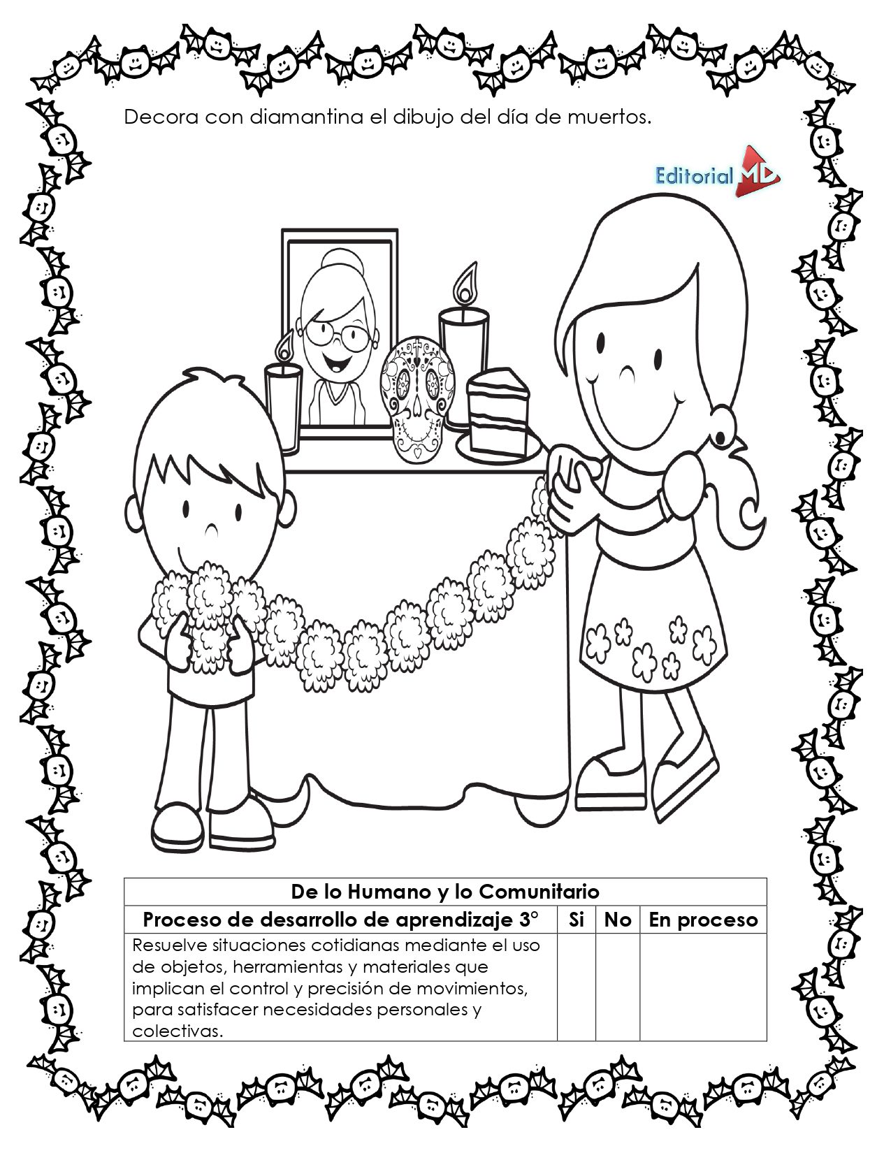 Cuadernillo Artesanías del Día de Muertos 2 Página para colorear en blanco y negro del Cuadernillo Artesanía del Día de Muertos: dos niños decoran un altar con flores, velas, comida, artesanía y una calavera de azúcar. Incluye instrucciones y una tabla de actividades didácticas.