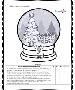 Ilustración en blanco y negro de una bola de nieve con árbol, regalos, bastones de caramelo y copos de nieve, ideal para Navidad. Incluye un lazo en la base y una tabla de actividades en tu Cuadernillo de Trabajo para Trabajar el Villancico Navideño.
