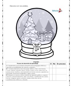 Ilustración en blanco y negro de una bola de nieve con un árbol de Navidad, regalos y copos de nieve. Incluye una lista de control del proceso de aprendizaje de los lenguajes artísticos, ideal para el 