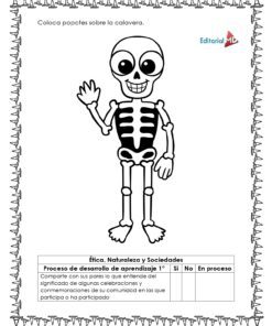 Cuadernillo para Trabajar el Día de Muertos 7 Ilustración en blanco y negro de un esqueleto sonriente saludando, centrado con un borde de hueso. Ideal para Cuadernillo para Trabajar Día de Muertos. Incluye instrucciones y una tabla de progreso para las actividades de los alumnos.