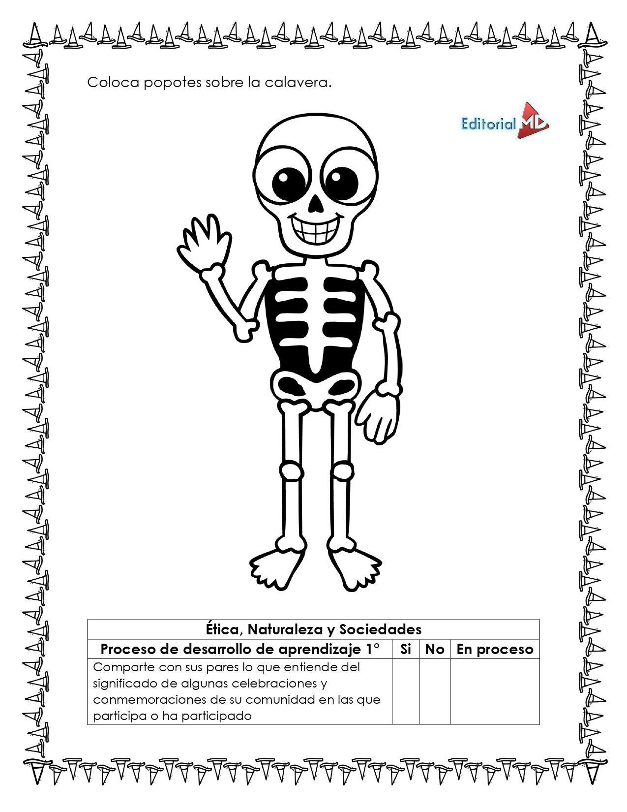 Cuadernillo para Trabajar el Día de Muertos 2 Ilustración en blanco y negro de un esqueleto sonriente saludando, centrado con un borde de hueso. Ideal para Cuadernillo para Trabajar Día de Muertos. Incluye instrucciones y una tabla de progreso para las actividades de los alumnos.