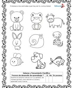 Cuadernillo de Trabajo para Conocer a los Animales 7 El Cuadernillo de Trabajo para Conocer a los Animales incluye una hoja para colorear en blanco y negro con dibujos de oso, vaca, conejo, caracol, lagarto, abeja, perro y pez. Un borde de huellas rodea la página con texto en español que invita a colorear.