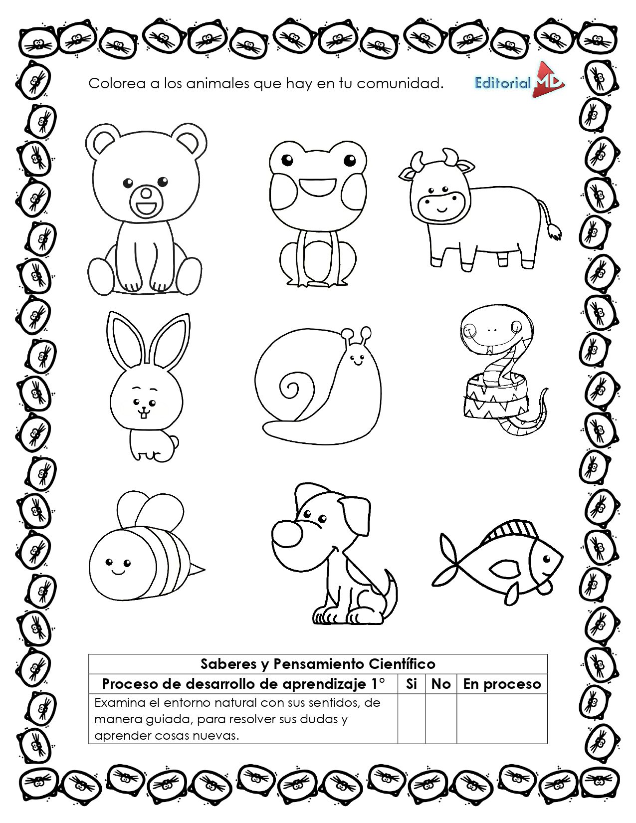 Cuadernillo de Trabajo para Conocer a los Animales 2 El Cuadernillo de Trabajo para Conocer a los Animales incluye una hoja para colorear en blanco y negro con dibujos de oso, vaca, conejo, caracol, lagarto, abeja, perro y pez. Un borde de huellas rodea la página con texto en español que invita a colorear.