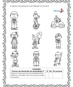 Cuadernillo de Trabajo de las Figuras Geométricas 7 El Cuadernillo de Trabajo de las Figuras Geométricas es una hoja de trabajo en blanco y negro con trabajadores de circo: payasos, maestro de ceremonias, mimo, artista en un coche y acróbata. Incluye instrucciones en español y una tabla del proceso de aprendizaje de las figuras geométricas.