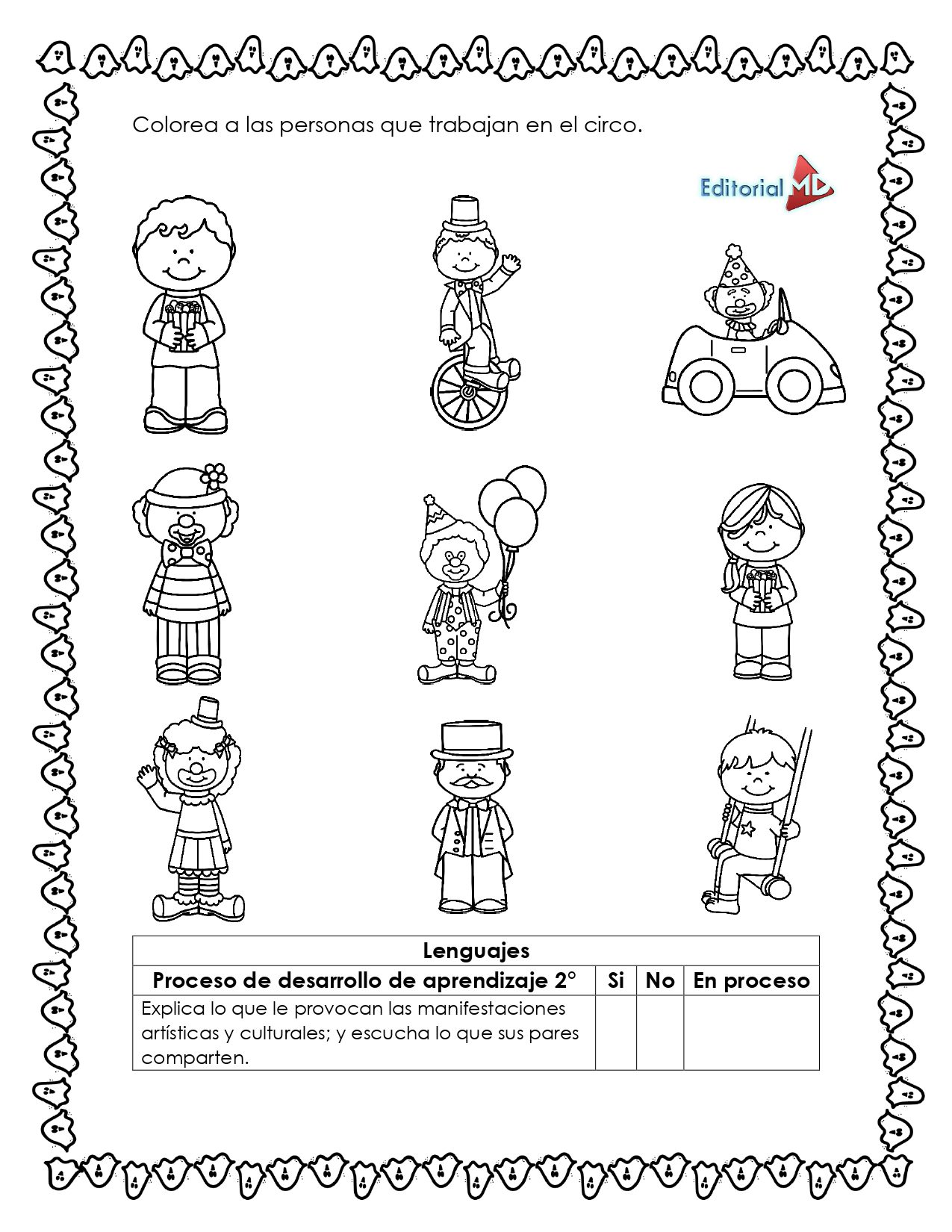 Cuadernillo de Trabajo de las Figuras Geométricas 2 El Cuadernillo de Trabajo de las Figuras Geométricas es una hoja de trabajo en blanco y negro con trabajadores de circo: payasos, maestro de ceremonias, mimo, artista en un coche y acróbata. Incluye instrucciones en español y una tabla del proceso de aprendizaje de las figuras geométricas.
