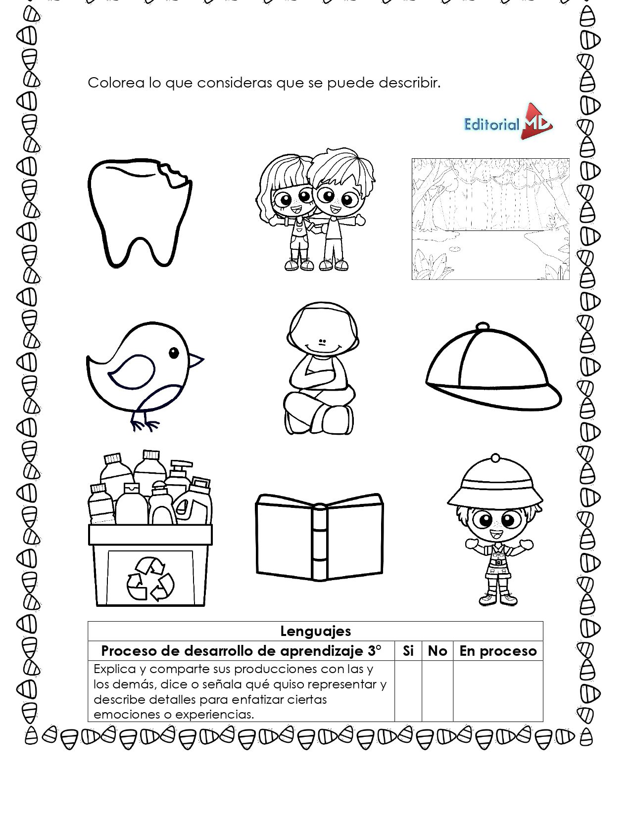 Cuadernillo de Trabajo para trabajar la Descripción 2 La hoja de trabajo en español "Cuadernillo de Trabajo para trabajar la DE" presenta dibujos en blanco y negro -un diente, un árbol, un pájaro, un niño, una gorra, una caja de botellas, un libro y dos niños- con instrucciones para colorear lo que se puede describir. El logotipo del editor está arriba a la derecha.