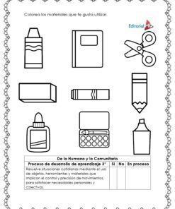 Hoja de trabajo en blanco y negro para el Examen Diagnóstico Tercer Grado de Preescolar con dibujos de material escolar. Las instrucciones en español piden a los alumnos que coloreen sus materiales preferidos, como barra de pegamento, cuaderno, tijeras, goma de borrar, lápiz, bote de pegamento, caja de ceras y rotulador.