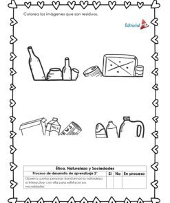 El Cuadernillo de Trabajo de los Residuos Orgánicos e Inorgánicos es una hoja de trabajo en blanco y negro con botellas, latas, cajas y envases de alimentos. Los alumnos colorean los elementos inorgánicos; incluye una lista de control y un borde en forma de corazón.