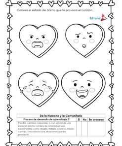 Cuatro corazones de dibujos animados muestran caras enfadadas, felices, tristes y sorprendidas. La página está bordeada de pequeños corazones e incluye instrucciones de actividades en español del Cuadernillo de Trabajo Corazón de la Amistad.