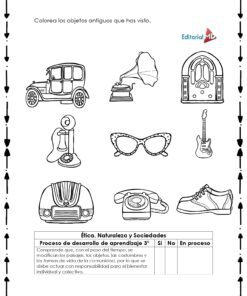 Ficha en blanco y negro del Cuadernillo de Trabajo Cambios con el Tiempo con dibujos de un coche antiguo, un gramófono, una radio, una estufa, unas gafas de sol, un zapato de vestir, un coche moderno y una zapatilla de deporte. Incluye instrucciones y un cuadro del proceso de aprendizaje.
