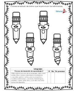 Cuatro lápices de dibujos animados con expresiones variadas están en un marco decorativo. Debajo, un Cuadernillo de Trabajo Adivinanzas para aprender español te permite marcar 