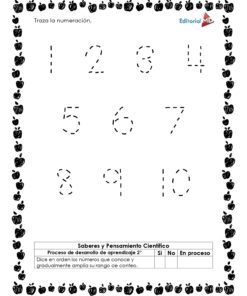 Cuadernillo de Trabajo Juguemos con las Cantidades: Hoja con números punteados del 1 al 10 en orden aleatorio para repasar, borde decorativo de manzanas e instrucciones en español. Nota 