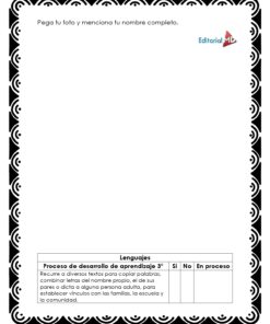 Cuadernillo de Trabajo las Letras de mi Nombre 6 El Cuadernillo de Trabajo las Letras de mi Nombre tiene borde negro, espacio para una foto, tabla de progreso (sí, no o en proceso) e incluye instrucciones y criterios escritos en español.