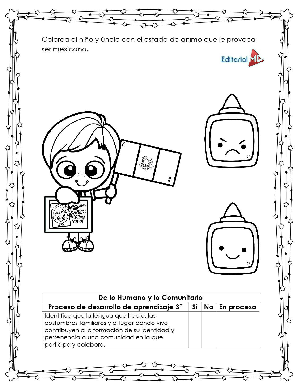 Hoja de Trabajo de la Bandera de México 3 La Hoja de Trabajo de la Bandera de México es una página para colorear en blanco y negro con un niño sosteniendo la bandera mexicana y un libro. Combina su estado de ánimo -sonriendo o con el ceño fruncido- con lo que siente por ser mexicano en esta divertida actividad escolar.