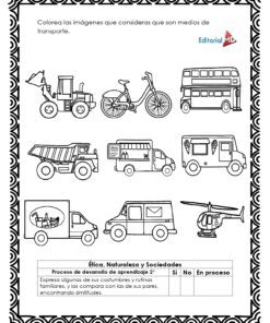 Planeación Medios de Transporte para Preescolar: hoja para colorear en blanco y negro con auto, bicicleta, autobús de dos pisos, moto, scooter, pickup, food truck, camioneta repartidora y helicóptero. Ideal para actividades de planeación infantil.