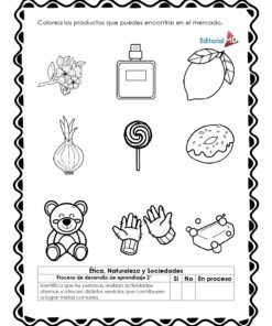 Cuadernillo de Trabajo El Mercado para Preescolar: Ficha en blanco y negro con borde decorativo. Contiene imágenes (flor, perfume, limón, etc.) para colorear basadas en artículos que se encuentran en el mercado.