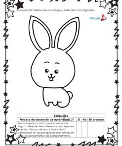 Hojas de Trabajo para Contar Historias: Hoja de trabajo para colorear con un simpático conejo y un borde en forma de estrella. Incluye instrucciones para escuchar cuentos, una actividad para rellenar con algodón y una lista de control para aprender idiomas. Perfecta para actividades de narración creativa.