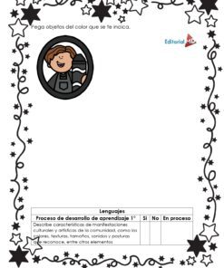 Hojas de Trabajo de los Colores 8 La hoja de trabajo Hojas de Trabajo los Colores presenta un diseño en blanco y negro con un borde en forma de estrella, un niño de dibujos animados con pincel y paleta, una tabla de seguimiento del progreso, instrucciones para fijar objetos de color y el logotipo de Editorial ML en la esquina superior derecha.