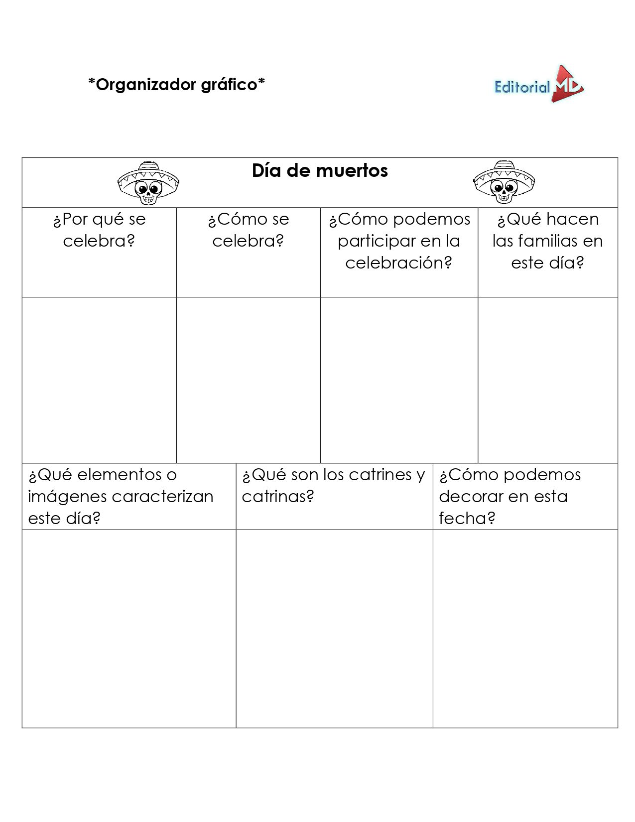Cuadernillo para Trabajar el Día de Muertos 3 El Cuadernillo para Trabajar Día de Muertos presenta un organizador gráfico con ocho preguntas en una tabla, espacios de respuesta, ilustraciones de calaveras y el logotipo de Editorial MD en la parte superior derecha, ideal para actividades o para añadir a tu cuadernillo.