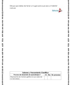 Una hoja de trabajo del Cuadernillo de Trabajo para Trabajar Hábitats Naturales presenta una indicación en español para dibujar hábitats naturales, un gran espacio de arte, un logotipo y una tabla para evaluar la comprensión sobre la naturaleza.