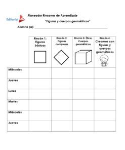 El Cuadernillo de Trabajo para Trabajar Figuras y Cuerpos Geométricos presenta una tabla de planificación del aprendizaje con cuatro columnas -formas básicas, formas complejas, cuerpos geométricos y creación con formas-, cada una de las cuales muestra un icono de forma sobre un horario semanal.
