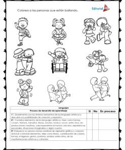 Cuadernillo de Trabajo para Trabajar el Baile Navideño: cuadernillo en español con dibujos en blanco y negro de niños bailando, instrucciones para colorear y una tabla para registrar el progreso del aprendizaje.