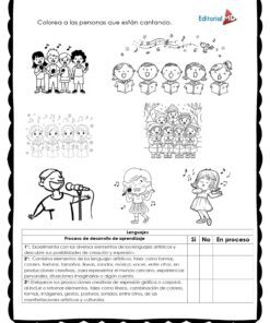Hoja de trabajo en blanco y negro del Cuadernillo de Trabajo para Trabajar el Villancico Navideño con niños cantando, recuadros para colorear a los cantantes y una tabla de objetivos de aprendizaje con columnas 