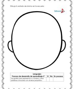 El Examen Diagnóstico Tercer Grado de Preescolar presenta un esquema de la cabeza con la cara en blanco para que los alumnos dibujen su estado de ánimo, instrucciones en español, una tabla de desarrollo del lenguaje debajo y el logotipo de la Editorial MD a la derecha.