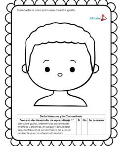 Contorno en blanco y negro de la cara de un niño con expresión inexpresiva y borde festoneado del Cuadernillo de Trabajo para Trabajar Gustos y Disgustos, ideal para actividades educativas. Incluye cuadro de texto para evaluar en su cuaderno de trabajo.