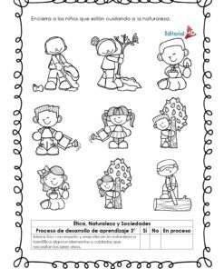 Una hoja de trabajo en blanco y negro del Cuadernillo para Trabajar el Arte con Elementos Naturales muestra a nueve niños interactuando con la naturaleza, enmarcada por un borde decorativo y con instrucciones en español.