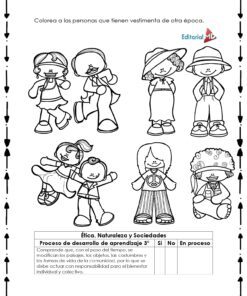 El Cuadernillo de Trabajo Cambios con el Tiempo es una hoja de trabajo en blanco y negro con ocho niños de dibujos animados con diversos atuendos. Las instrucciones piden colorear a los vestidos de otra época, haciendo hincapié en 